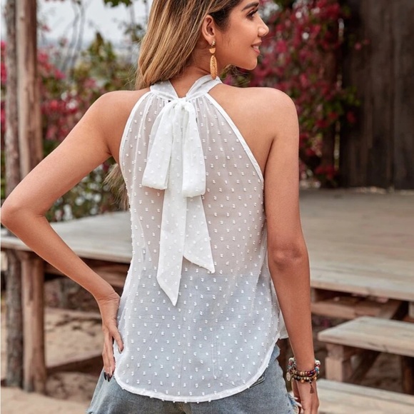 shein swiss dot cut out front halter neck blouse - Picture 2 of 9